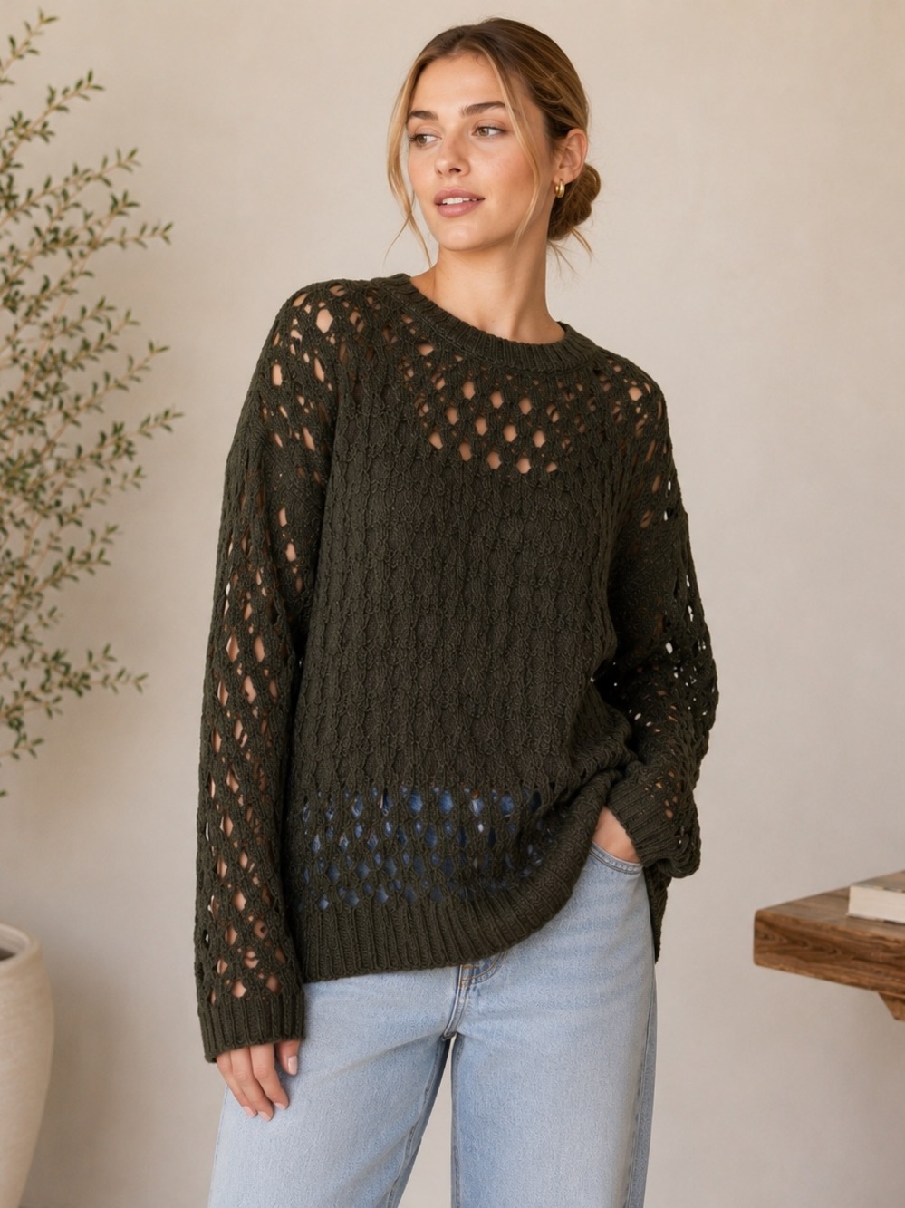 Olive Open Knit Sweater Oversized Boho Chunky Crewneck Pullover